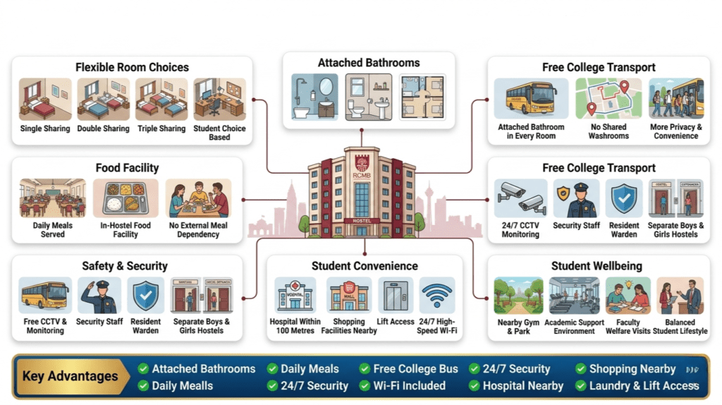 highlighting the facilities, safety features, transportation, and student amenities offered by RCMB Bangalore hostel