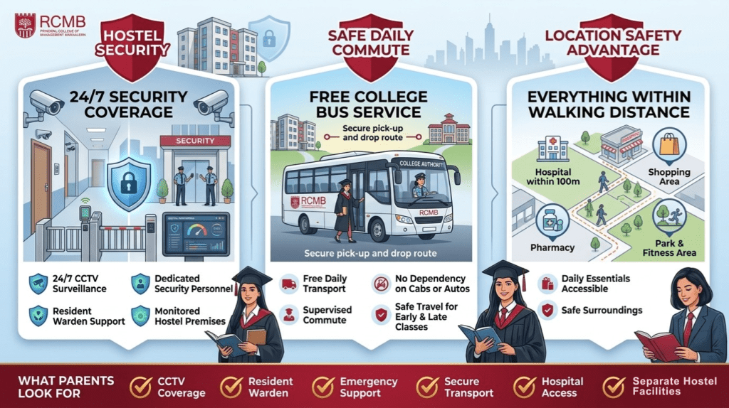 hostel security, transportation, and safety facilities available for female MBA students at RCMB Bangalore