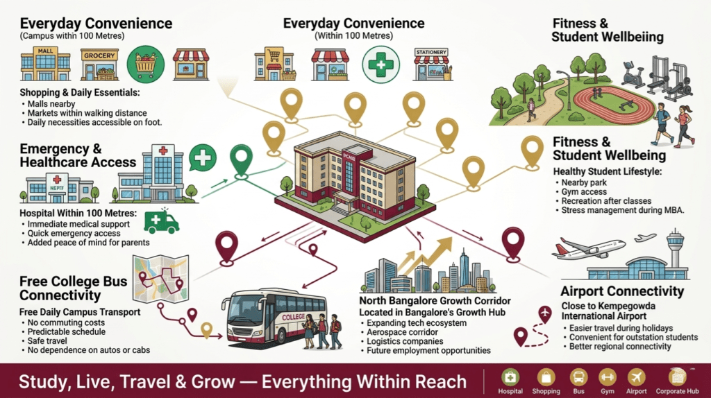 RCMB hostel location advantages in North Bangalore including hospital access, shopping, free college bus, airport connectivity, and nearby corporate hubs