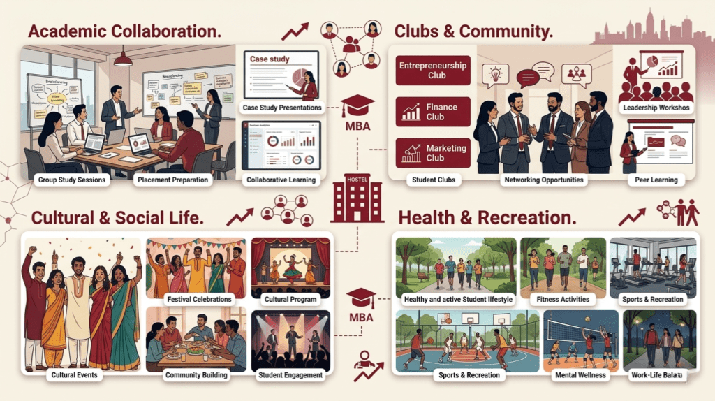 academic collaboration, student clubs, cultural activities, networking opportunities, and recreational life at RCMB hostel