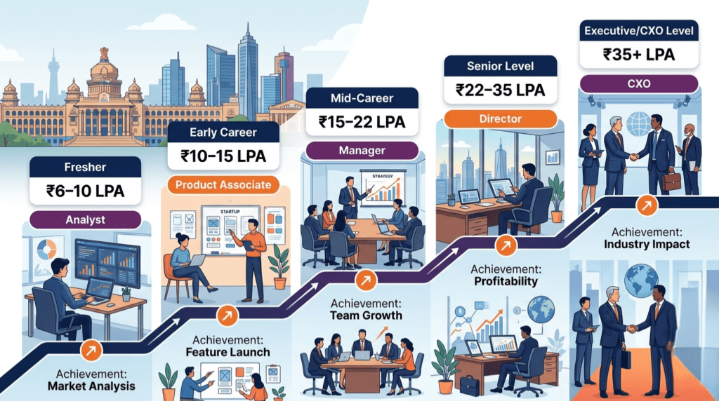 MBA career growth roadmap in Bangalore showing salary progression from fresher to executive roles.