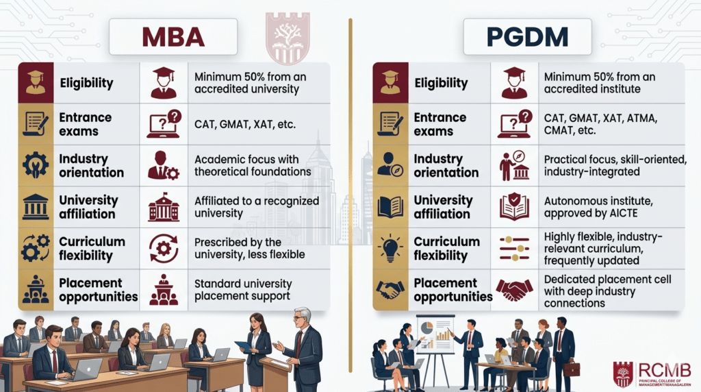 comparing MBA and PGDM eligibility, curriculum, and career opportunities in Bangalore