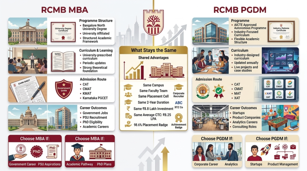 key differences and similarities between RCMB MBA and RCMB PGDM programs, including curriculum, admissions, career paths, and placements