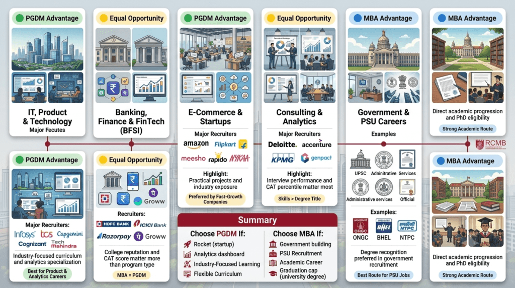 comparing MBA and PGDM career advantages across technology, finance, consulting, startups, government, and academic sectors in Bangalore