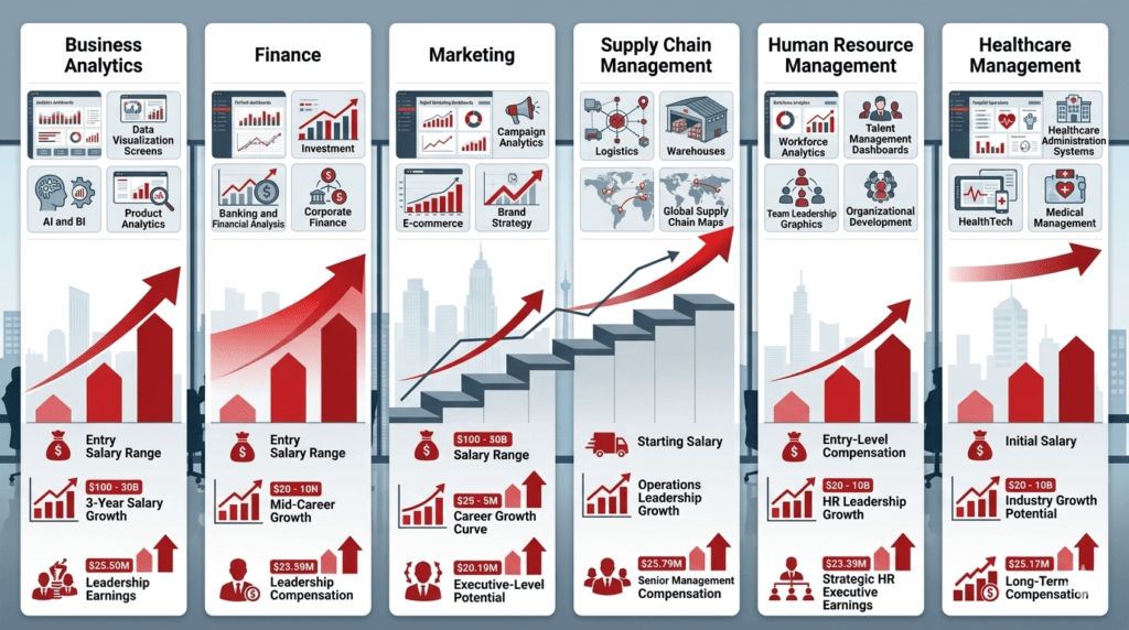 comparing salary growth and career progression across major MBA specializations including Analytics, Finance, Marketing, HR, Supply Chain, and Healthcare Management.