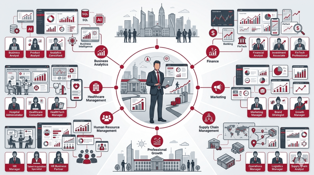 Visual overview of MBA specializations including Business Analytics, Finance, Marketing, Supply Chain, Human Resources, and Healthcare Management with related career pathways.