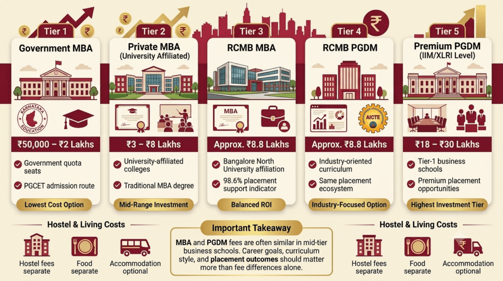 comparing MBA and PGDM fee structures across government, private, autonomous, and premium business schools in Bangalore