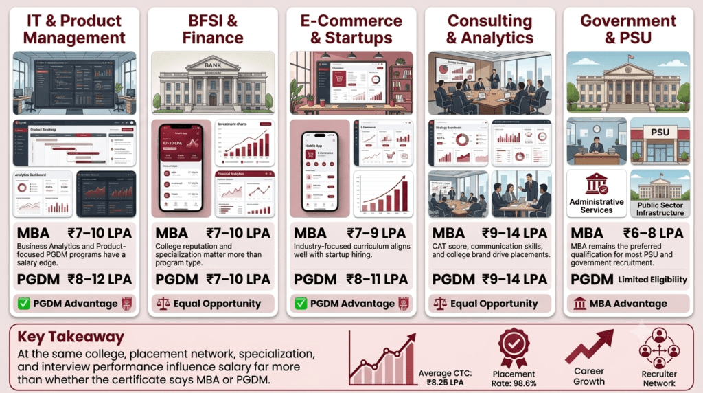 Industry-wise salary comparison  showing MBA and PGDM salary ranges across IT, finance, consulting, startups, and government sectors in Bangalore.