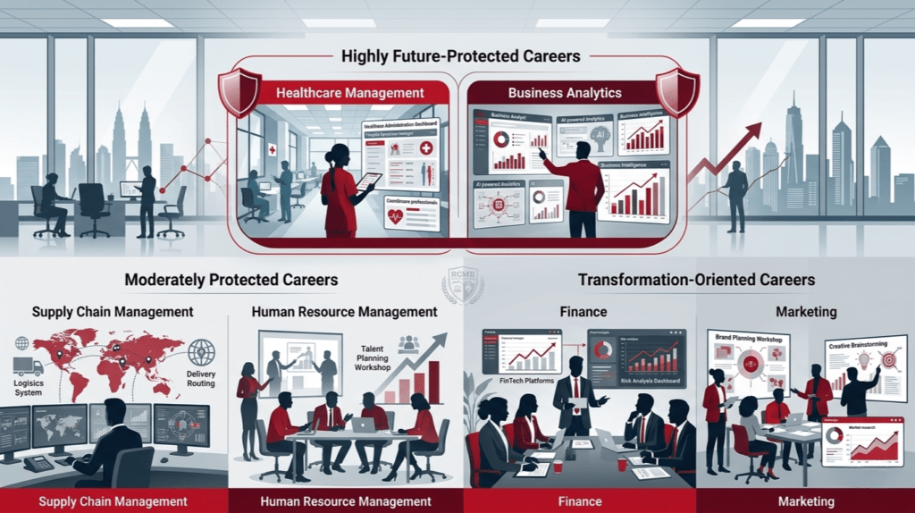 illustrating how different MBA specializations interact with AI, highlighting future-proof career paths, human decision-making, and long-term professional relevance
