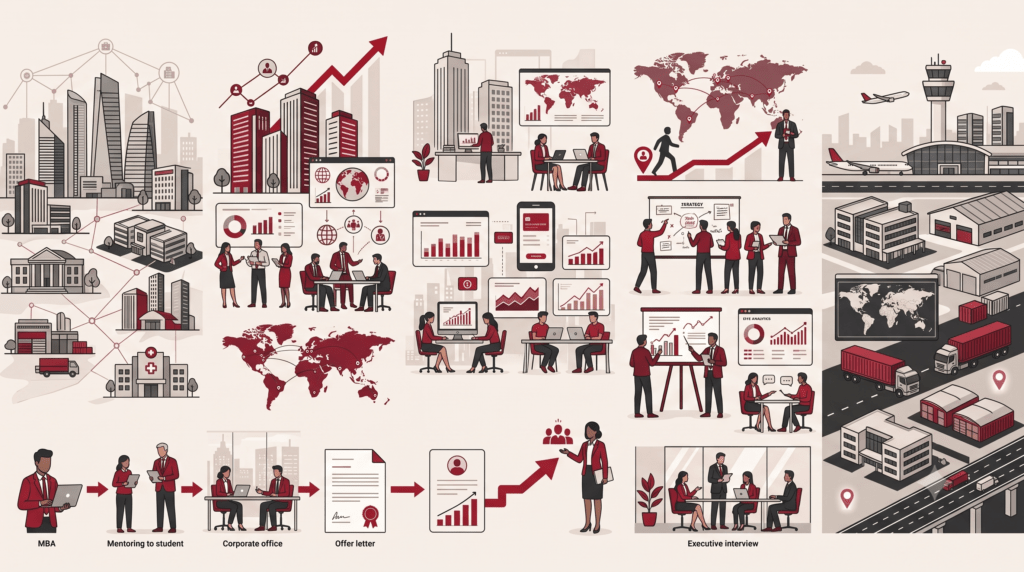 Bangalore’s diversified MBA hiring ecosystem in 2026, highlighting global capability centres, FinTech growth, internship-to-job pathways, skills-based hiring, and expanding logistics opportunities using RCMB-inspired red and maroon branding