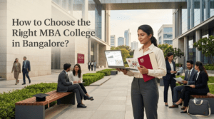 MBA aspirant exploring a modern business school campus in Bangalore while evaluating colleges for future career opportunities