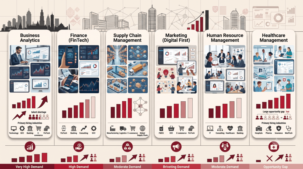 comparing recruiter demand, talent availability, and hiring industries for major MBA specializations in Bangalore in 2026 using RCMB brand colors.