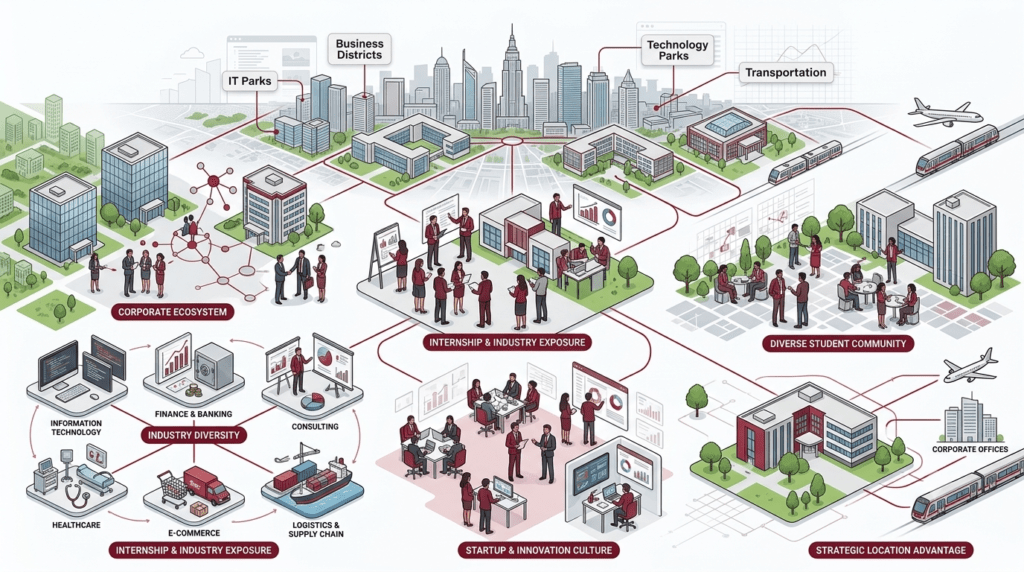 Bangalore’s corporate ecosystem, industry diversity, startup culture, internship opportunities, strategic location, and collaborative student environment for MBA education