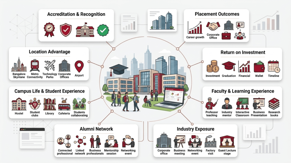 the key factors students should evaluate when choosing an MBA college in Bangalore, including accreditation, placements, ROI, faculty, industry exposure, alumni network, campus life, and location