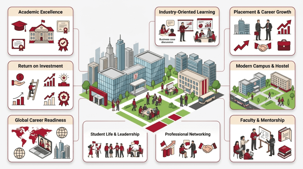 the key strengths of RCMB, including academic excellence, industry exposure, placements, campus facilities, faculty, student life, global career readiness, and return on investment