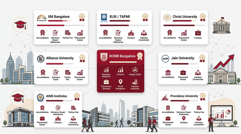 presenting leading MBA colleges in Bangalore using accreditation, admissions, placement, and specialization indicators in a premium dashboard layout