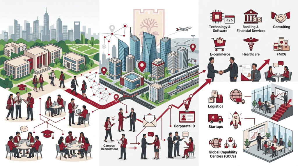 Bangalore’s business ecosystem, corporate exposure, internships, networking opportunities, and career growth potential for MBA students