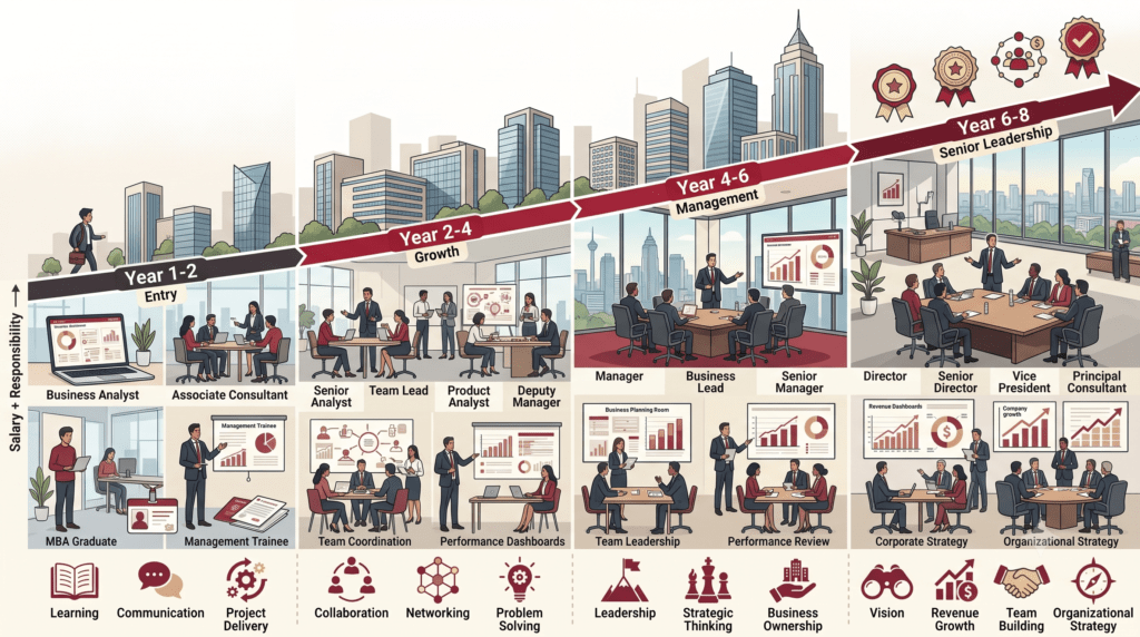 progression of an MBA graduate in Bangalore from entry-level roles to senior leadership, highlighting increasing responsibilities, leadership, and career growth over time