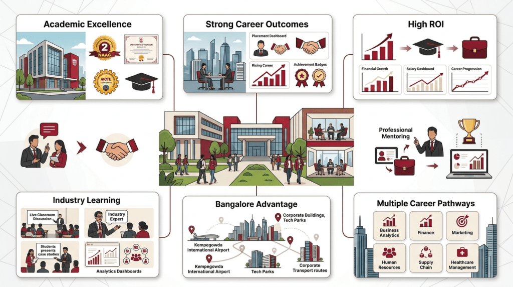 RCMB’s academic quality, career outcomes, industry learning, Bangalore location, return on investment, and diverse MBA career opportunities.