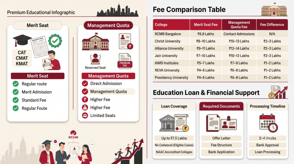showing MBA merit seat fees, management quota fees, fee differences across Bangalore colleges, and education loan eligibility