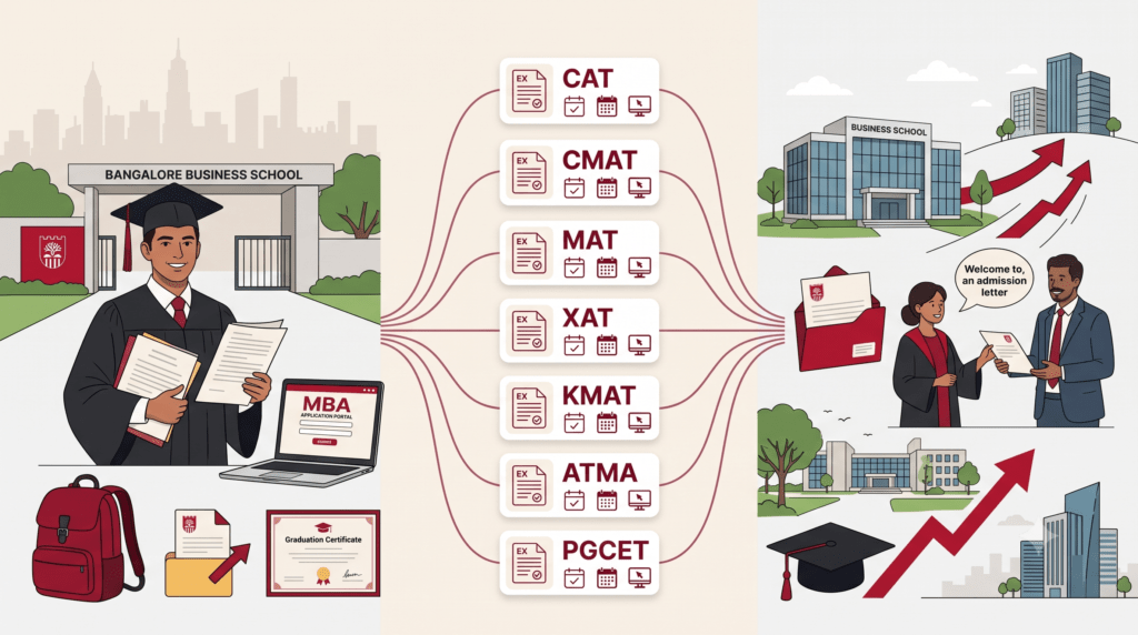 illustrating multiple MBA entrance exam pathways leading to successful admission at a business school in Bangalore