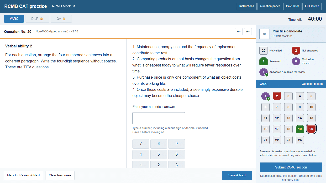 RCMB CAT mock test showing the section timer, question panel, answer keypad and question palette.